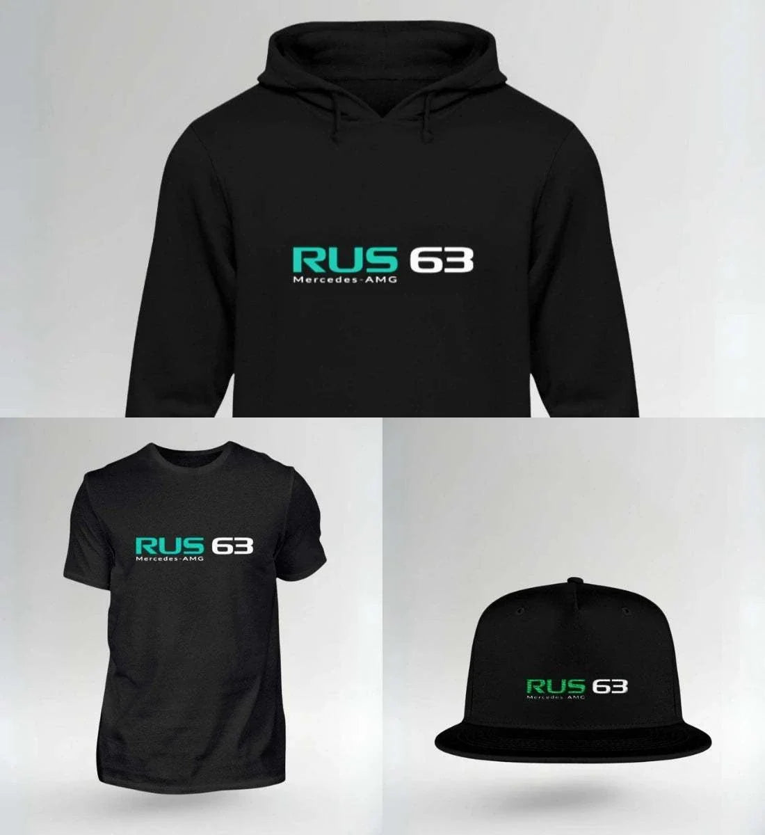 Image of NOVAWEAR RUS 63 FAN Pack mit Hoodie, T-Shirt und Cap in Schwarz, Mercedes-AMG Design